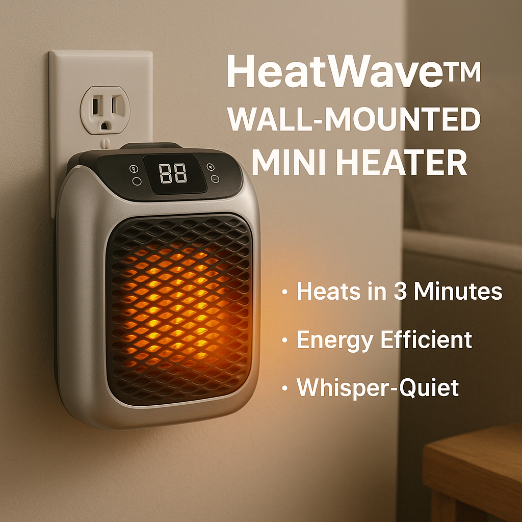 HeatWave wall-mounted mini heater on a beige wall with text highlighting features.